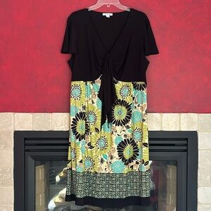 NWT 20W DressBarn Woman V Neck Short sleeve dress teal Green Black Below Knee 2x